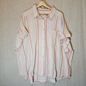 Terra & Sky Linen Blend Womens Top 3X 24W 26W Tan Peach Pink Stripe Short Sleeve